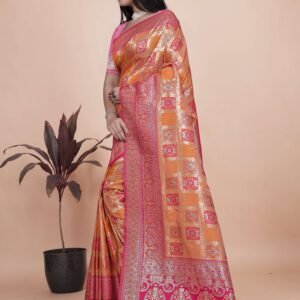 Orange & Pink Banarasi Silk Saree with Silver Zari | Wedding & Festive Saree | Traditional Banarasi Saree with Rich Contrast Pallu
