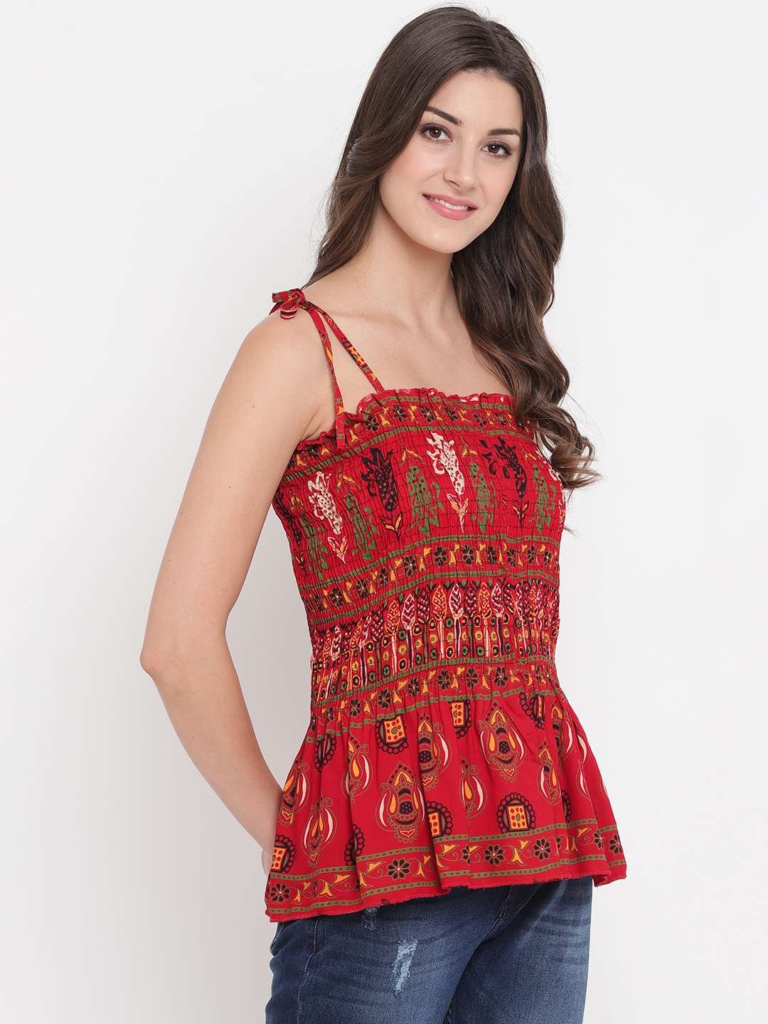 Women's Rayon Printed Casual Summer Style Tie Shoulder Straps Free Size Tank Top ( Multi7)