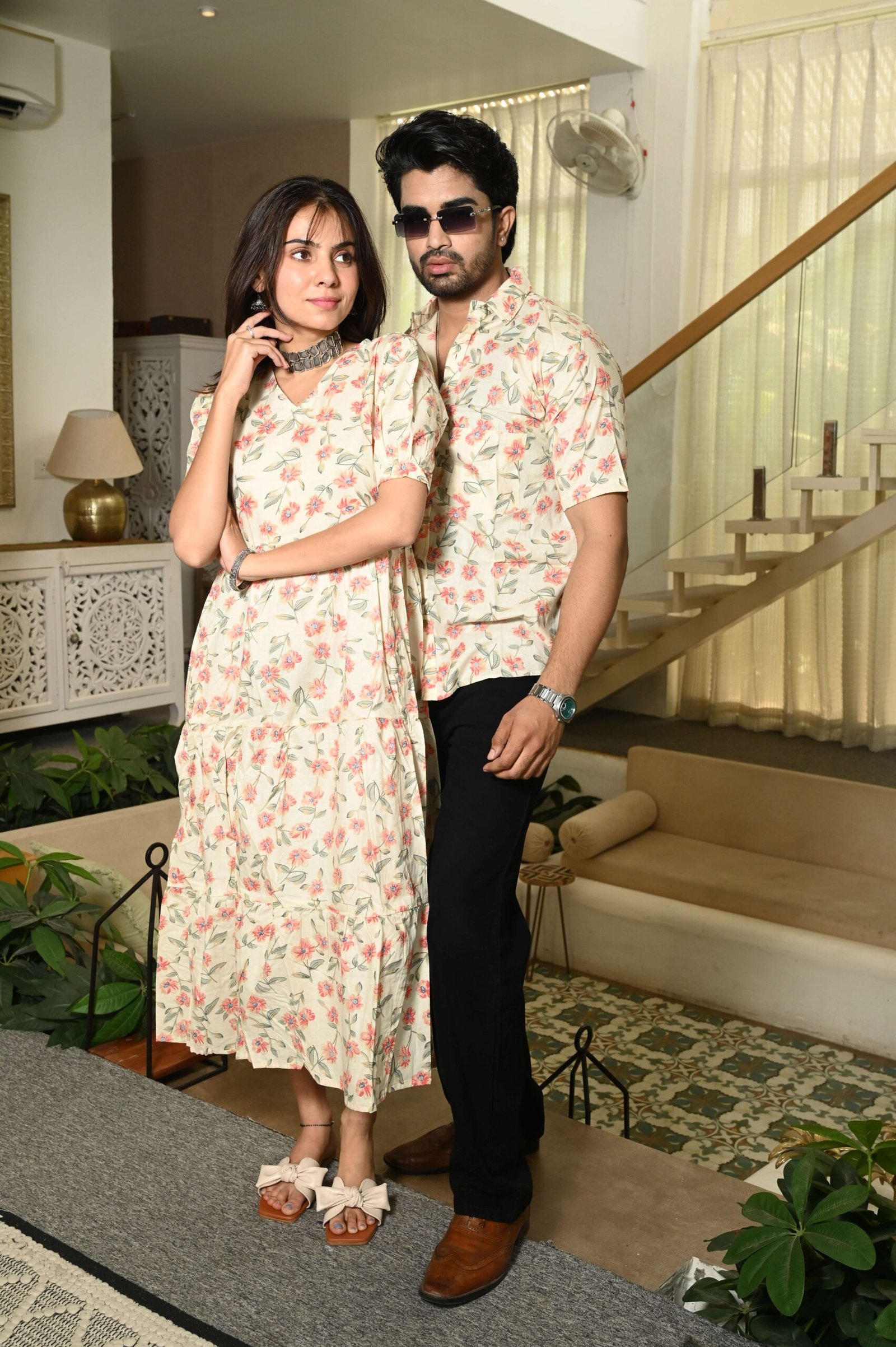 Couple Matching Cream floral Cotton Printed Anarkali Midi Dress & Shirt Set ? Casual & Festive Wear