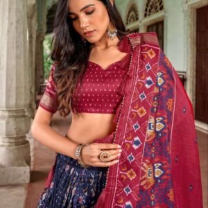 Royal Blue Tussar Silk Lehenga Choli with Maroon Blouse | Minakari & Foil Print | Wedding & Festive Wear