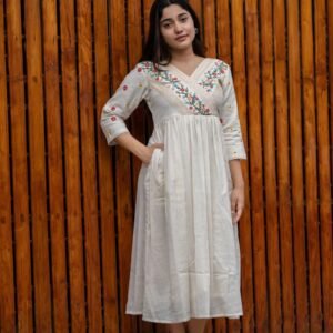 Women's Cotton Embroidered Short Anarkali Gown (Off White)