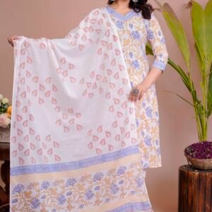 Women's White & Yellow Floral Cotton Straight Kurti with Pant & Dupatta Set