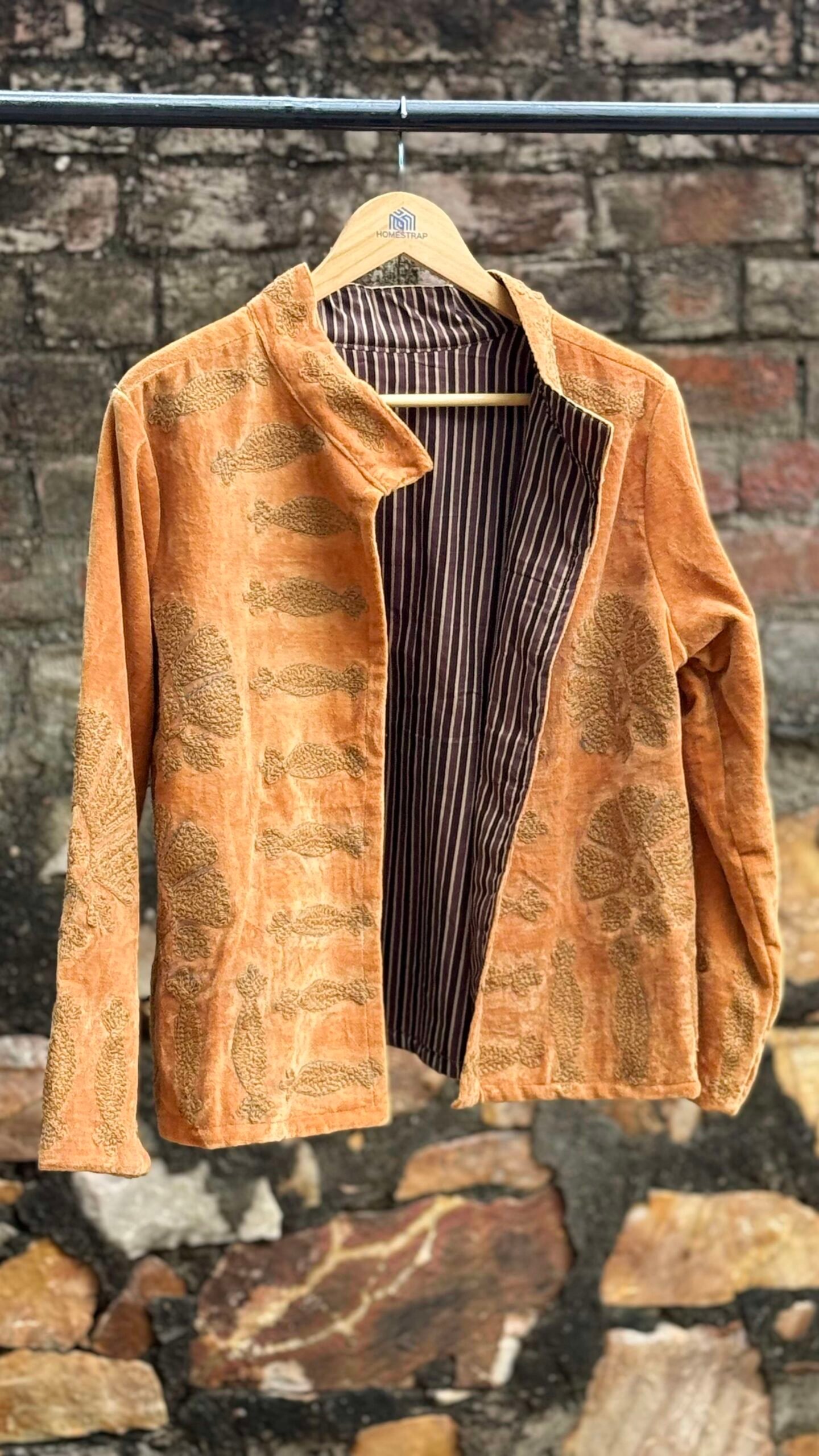 Womens Gold Velvet Embroidered Jacket with Floral Design - Image 2