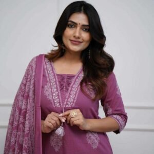 Women's Cotton Printed Straight Kurti with pant and Dupatta Set