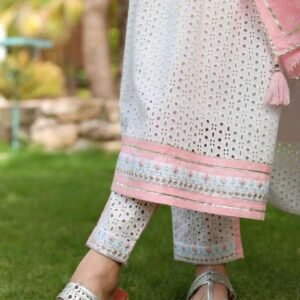 Women's Cotton Embroidered Nayra Cut Kurti With Pant and Dupatta Set